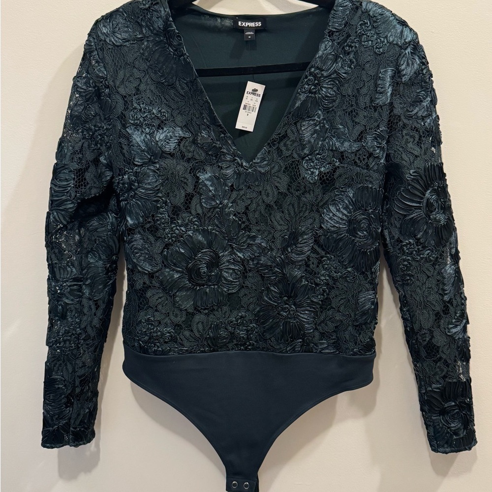 Express Green Floral Lace Bodysuit